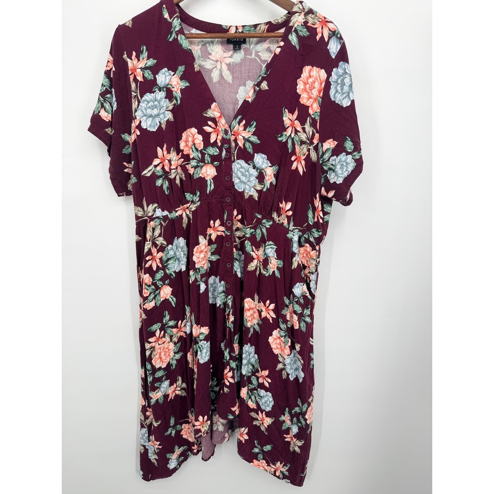 Torrid Floral Midi Dress Women 3 Burgundy Excellent Button Front Boho V-Neck
